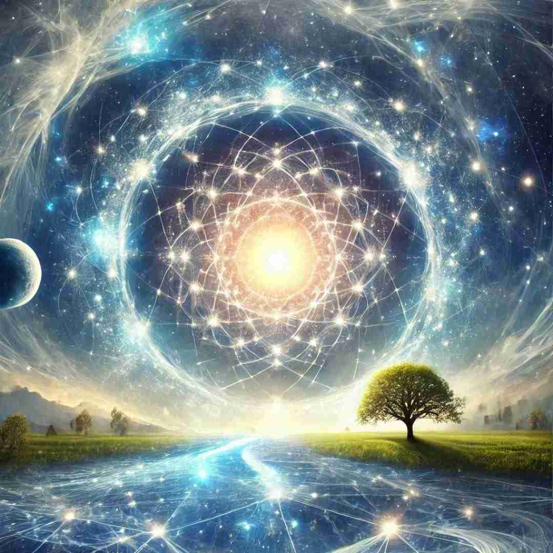AI-image that depicts spirituality and the oneness of all things contained in the higher self. It features a serene, cosmic scene with a glowing central light symbolizing universal consciousness. Interconnected threads of energy link stars, planets, and natural elements, illustrating the interconnectedness of all life.