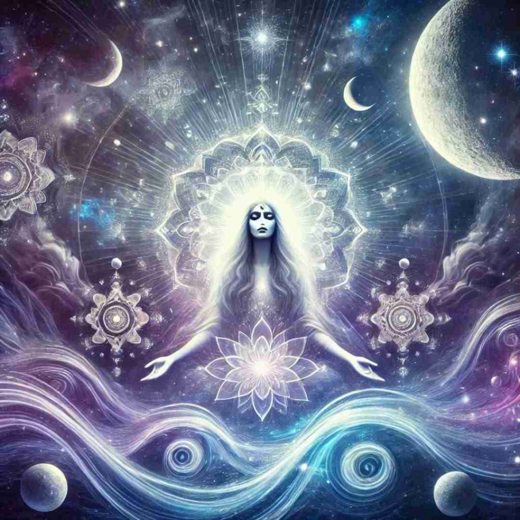 AI depicition of a woman with sacred and mystical powers representing the Divine Feminine Energy.