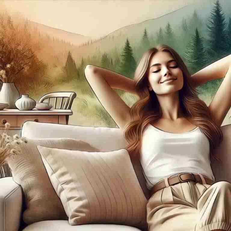 An AI-generated image of a woman lounging on a sofa with her hands behind her head, looking relaxed and happy. The scene is depicted in a soft artistic style with a natural color palette, featuring cozy home elements and a calm atmosphere.