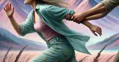 An AI-generated image of a woman trying to run toward mountains in the distance while a man holds onto her arm, with clear facial expressions showing a struggle for freedom. A domestic violence survivor shares her story.
