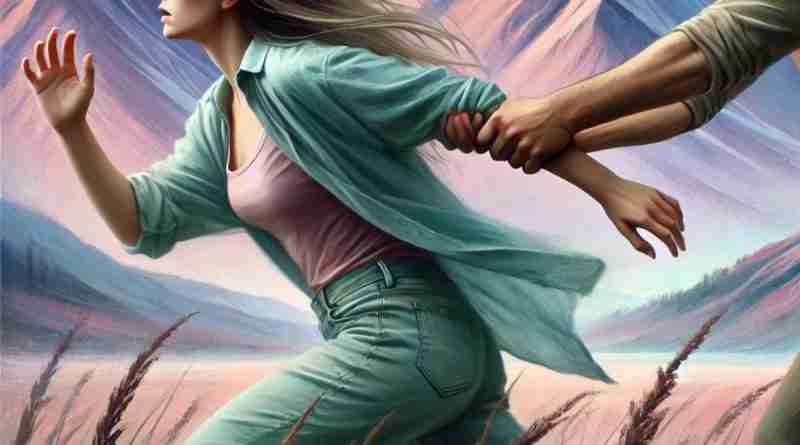 An AI-generated image of a woman trying to run toward mountains in the distance while a man holds onto her arm, with clear facial expressions showing a struggle for freedom. A domestic violence survivor shares her story.