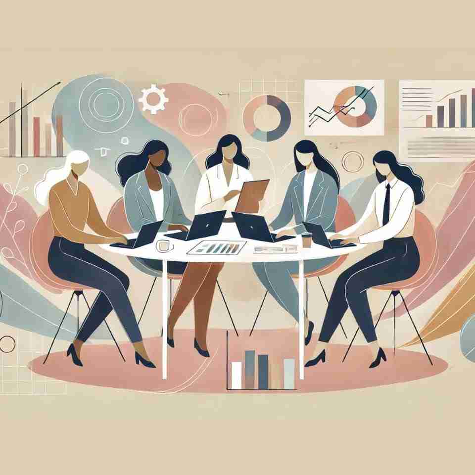 An AI generated image of female entrepreneurs in a business setting with a soft natural color palette. This image showcases diverse women working together, emphasizing collaboration and empowerment.