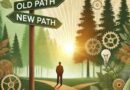 An AI-generated image, incorporating elements of invention like subtle gears and lightbulbs in the foliage around the signposts labeled "Old Path" and "New Path." This visual blends the theme of reinvention with a nod to innovation and creativity.