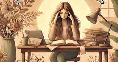 An AI generated image of a female figure looking stressed, rubbing her temples, in a busy, cluttered workspace filled with papers, books, and various office supplies.