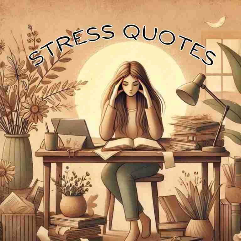 An AI generated image of a female figure looking stressed, rubbing her temples, in a busy, cluttered workspace filled with papers, books, and various office supplies.