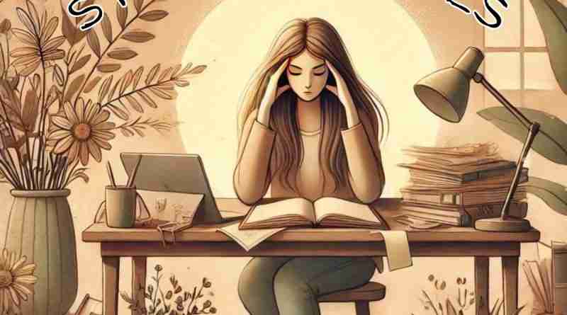 An AI generated image of a female figure looking stressed, rubbing her temples, in a busy, cluttered workspace filled with papers, books, and various office supplies.