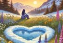This AI generated image evokes a sense of self-healing and serenity, featuring a female figure sitting contemplatively near the patch of snow, surrounded by wildflowers and gentle sunlight.