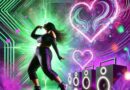 Female dancing in club to express self love and acceptance, with neon green, purple, pink glowing hearts and speakers in the background