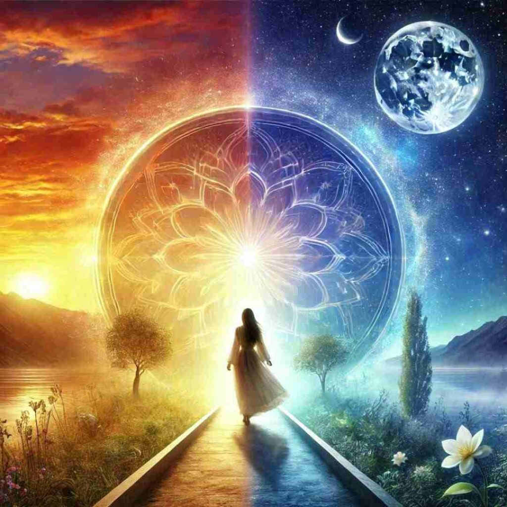 Woman walking a healing journey path between day and night, life and death