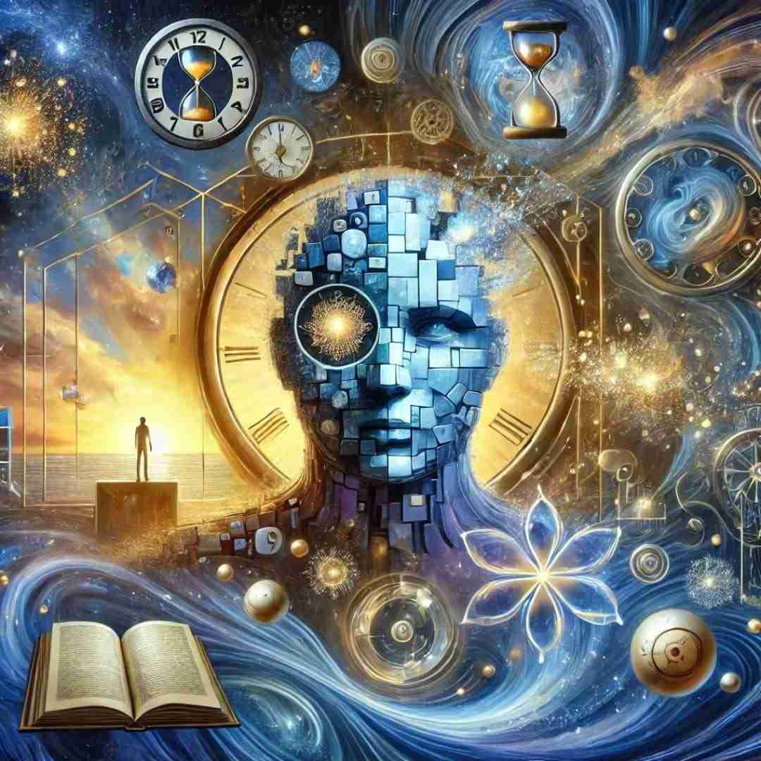 A surreal, abstract representation of self-perception with a blue and gold color scheme.