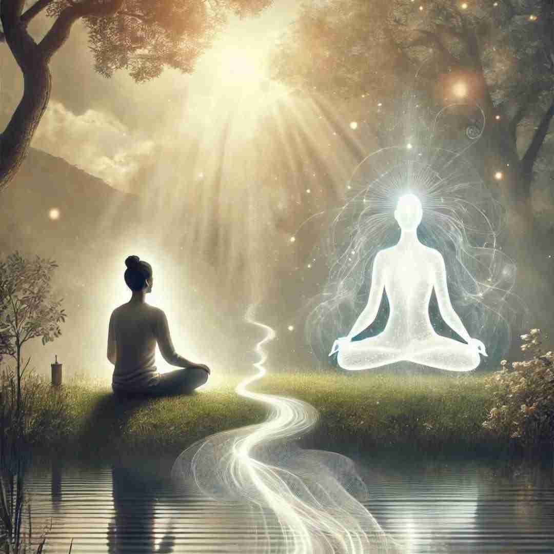 AI-generated image depicting a serene figure in meditation, surrounded by a glowing aura, illustrating the flow of spiritual energy around the higher self.