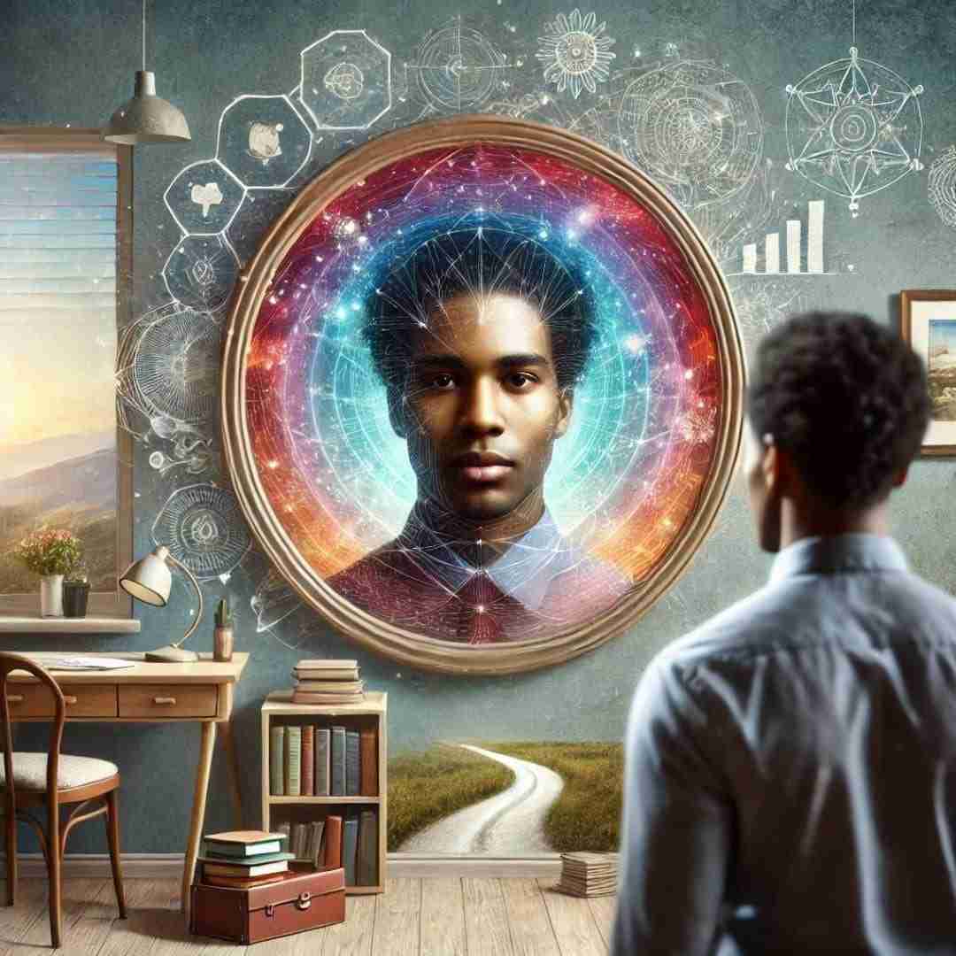 AI-generated image of African American male looking into a mirror swirling with colors and sacred symbols