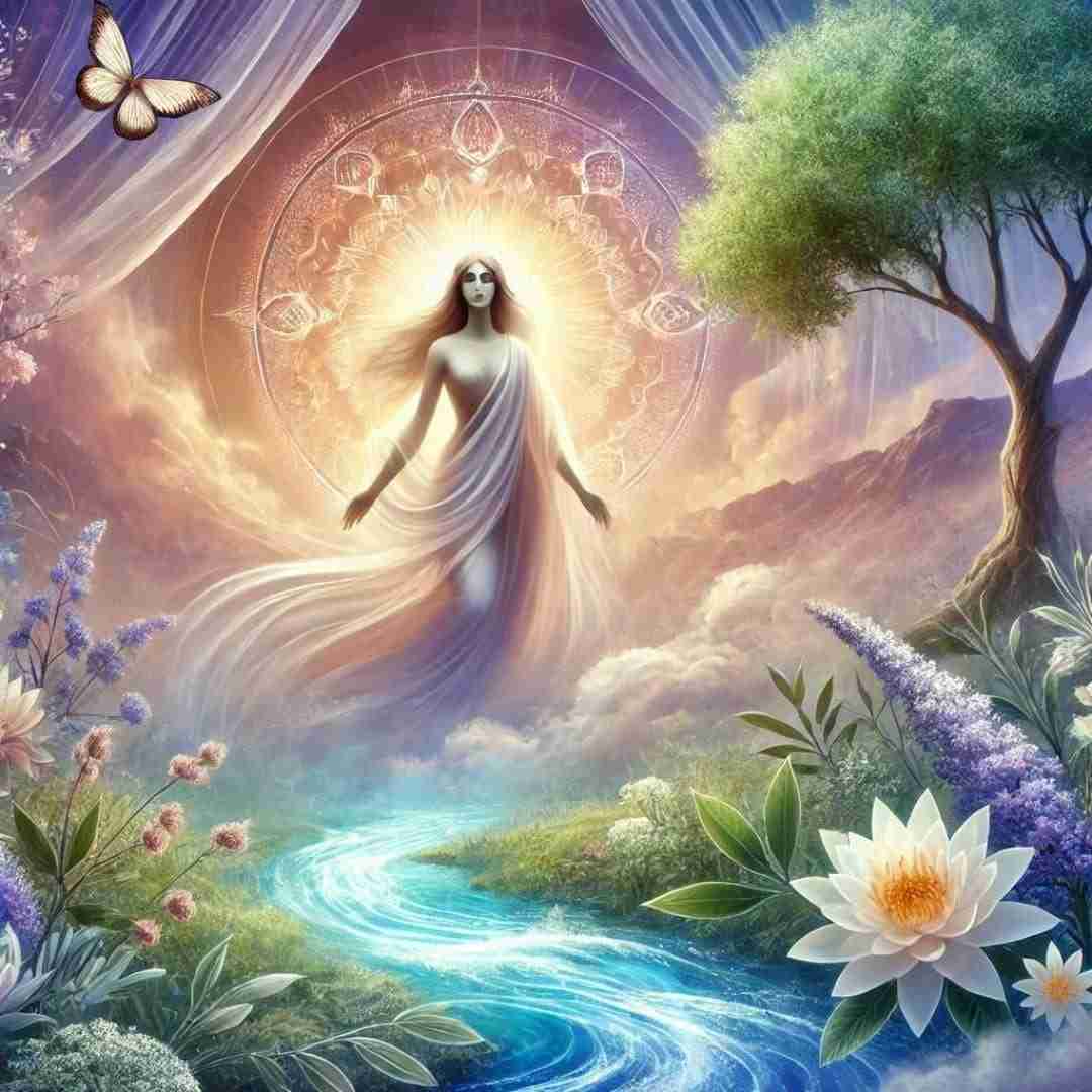 AI-deiction of a goddess in an ethereal setting. There are clouds, flowers, a flowing stream, and glowing sacred symbol in the background.