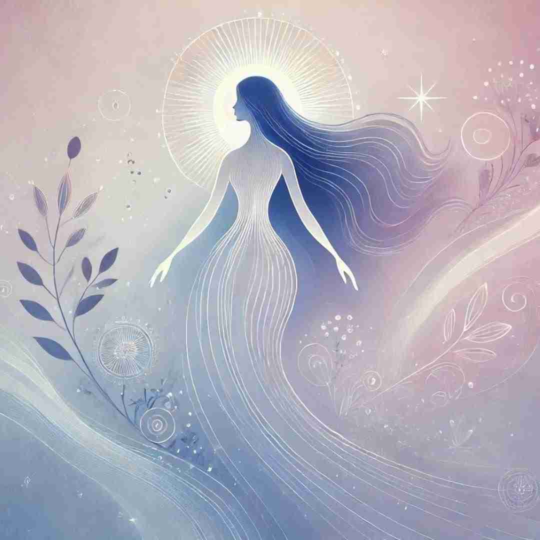 Abstract AI-depiction of a woman with flowing hair in front of the sun, with mystical sparkles around her, depicting divine feminine energy.