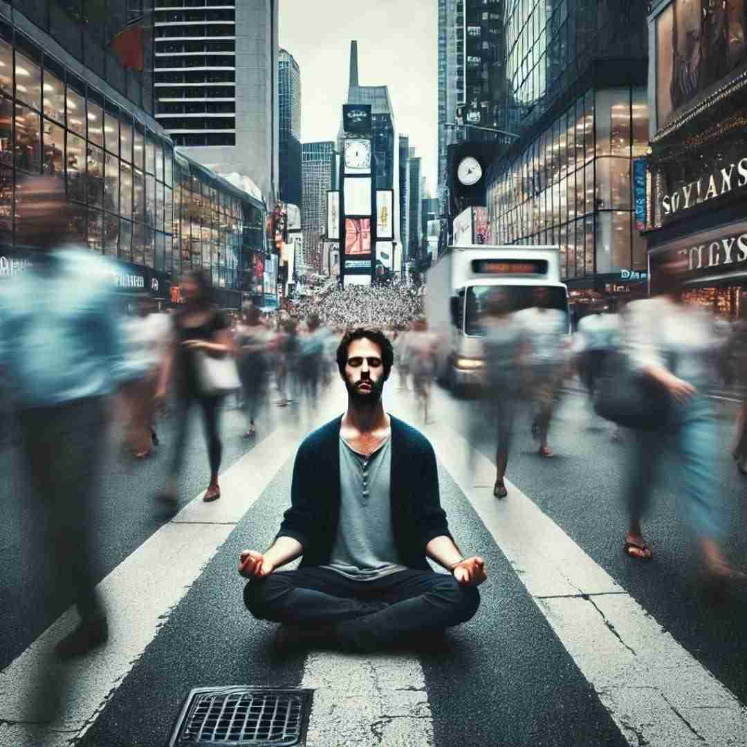 AI-image of a person in the middle of a busy city, yet in a state of deep and total peace while sitting in meditation.