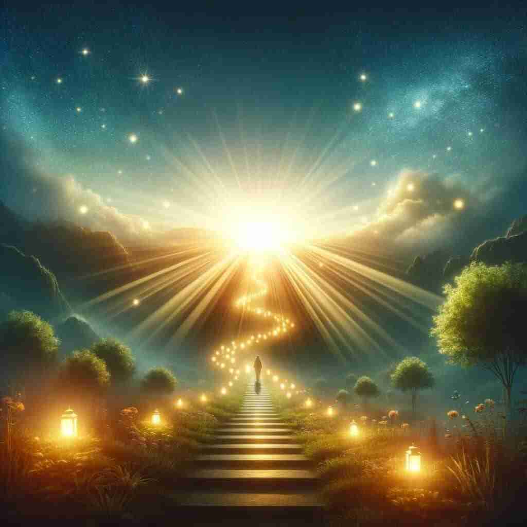 sh-blount-1 - Resilient Stories Person walking up a lantern-lit path toward the sun shining behind a cloud in the night sky.
