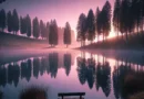 Depiction of silence with an early morning pink-sky sunrise over a still, glass-like pond in a park with an empty park bench and tall pine trees that are reflected in the water.