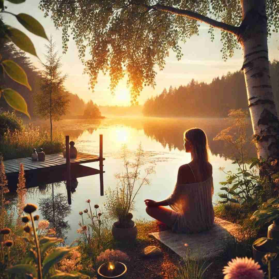 AI-image of woman sitting on banks of a lake meditating, practicing self care