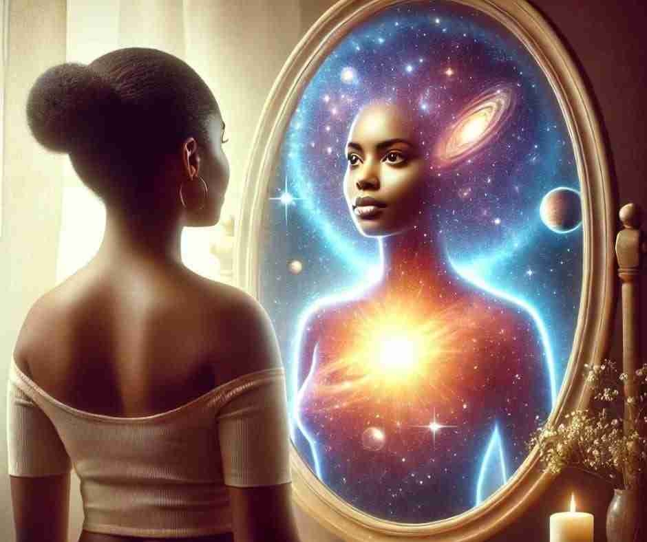 AI-image of an African American woman looking into a mirror and seeing herself as a sacred, cosmic being, perfectly embodying the theme of self-realization and the recognition of one's divine essence.