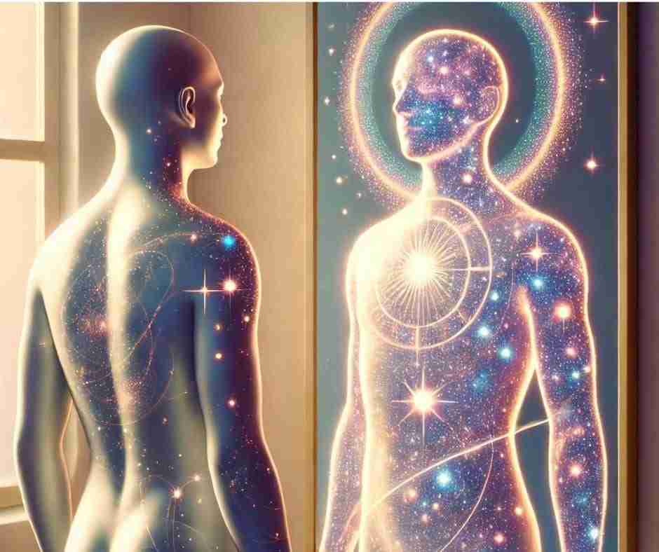 AI-image featuring a non-binary human form gazing into a mirror, seeing themselves as a sacred, cosmic being.