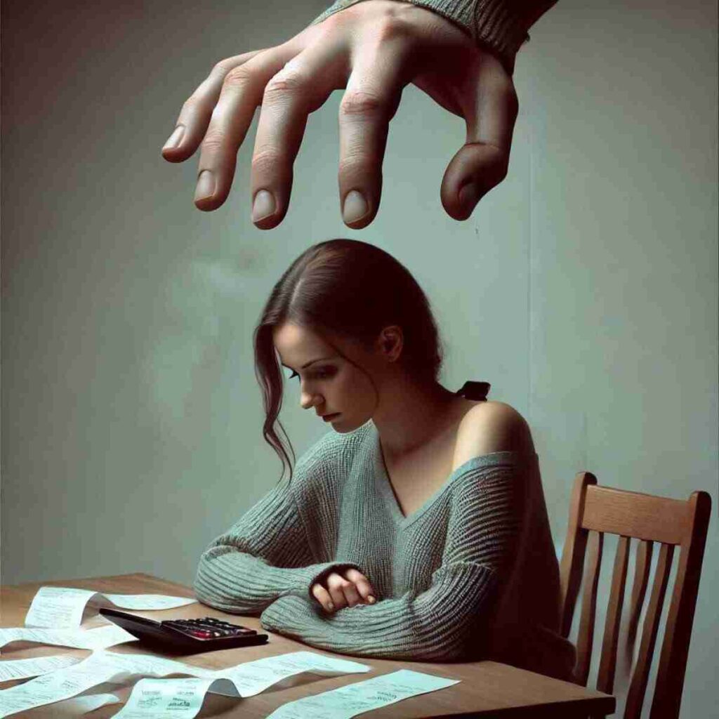 An AI generated image of a realistic, muted woman sitting at a table with receipts scattered in front of her. She appears deep in thought, looking down at the receipts with a calculator beside them. Above her, a large human hand is reaching down, symbolizing coercive control. The atmosphere is somber and reflective, emphasizing the tension and control exerted over the woman.