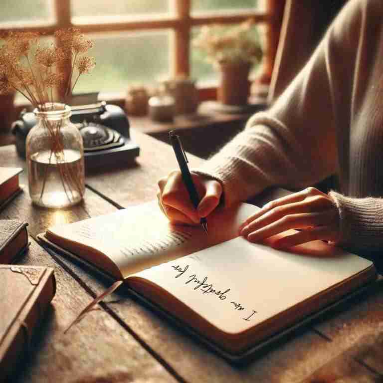 An AI-generated image of a woman writing in a journal. At the top of the page it says, "I am grateful for..." The setting is warm, serene, and inviting, with soft light filtering through the window.