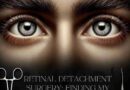 An AI generated image of realistic male eyes with neutral lashes and only a couple of surgical tools indicating retinal detachment surgery.