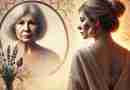 An AI-generated image of a woman in her forties looking sad and her grandmother's stern reflection in the mirror. It represents the author's complex emotions she wishes to say thank you for.
