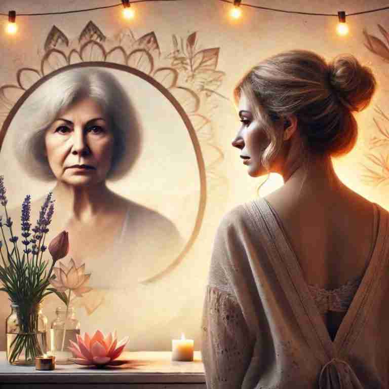 An AI-generated image of a woman in her forties looking sad and her grandmother's stern reflection in the mirror. It represents the author's complex emotions she wishes to say thank you for.
