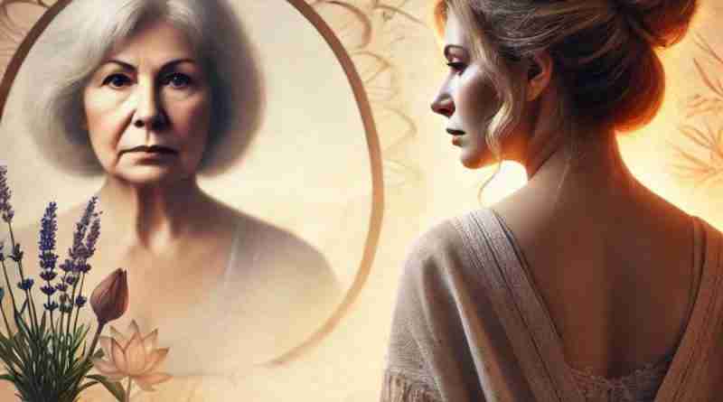 An AI-generated image of a woman in her forties looking sad and her grandmother's stern reflection in the mirror. It represents the author's complex emotions she wishes to say thank you for.