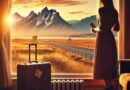 An AI generated photo of a woman standing by a window with a packed suitcase, looking out at the Montana landscape during a beautiful sunset. The scene conveys the bittersweet feeling of moving away from a place she loves.