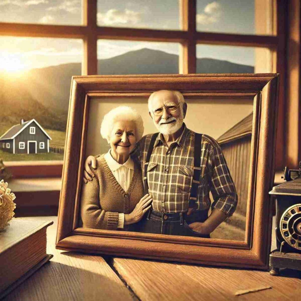 An AI generated image with a warm, happy, and welcoming grandma and grandpa standing in front of their farm.