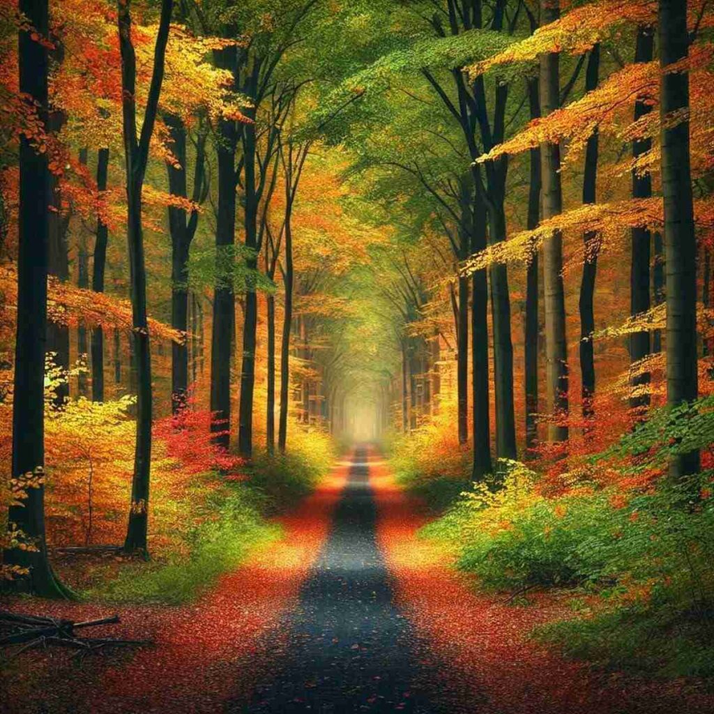 Forest path lined with orange and golden fallen leaves, surrounded by trees during yellow, orange, and red in autumn