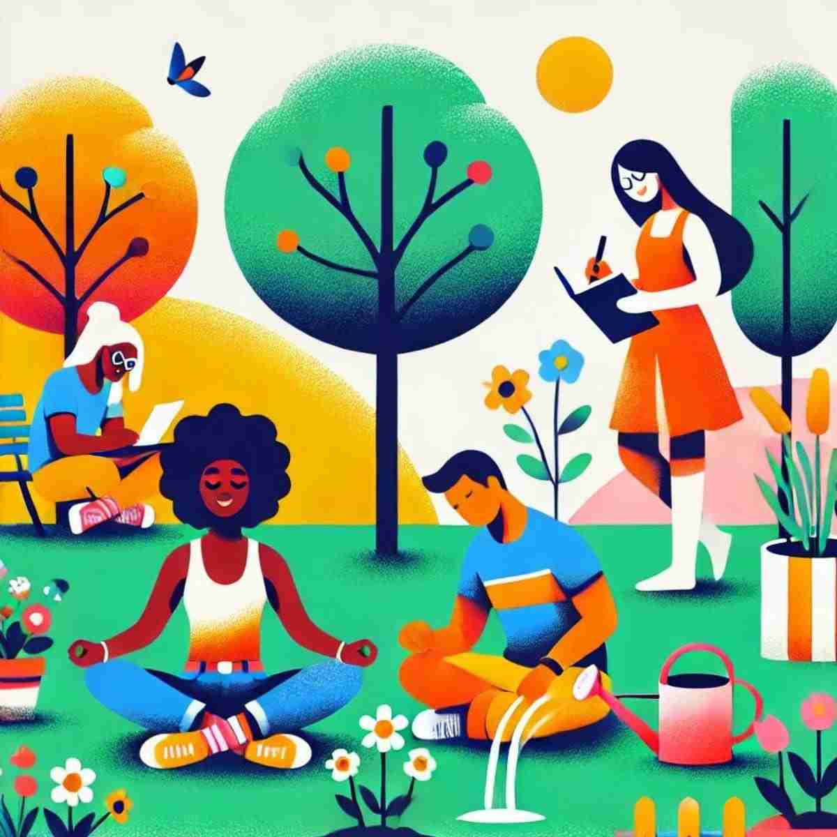 AI-illustration that captures a unique and diverse approach to self-care, featuring people from different backgrounds engaged in various self-care activities in an inclusive and vibrant setting
