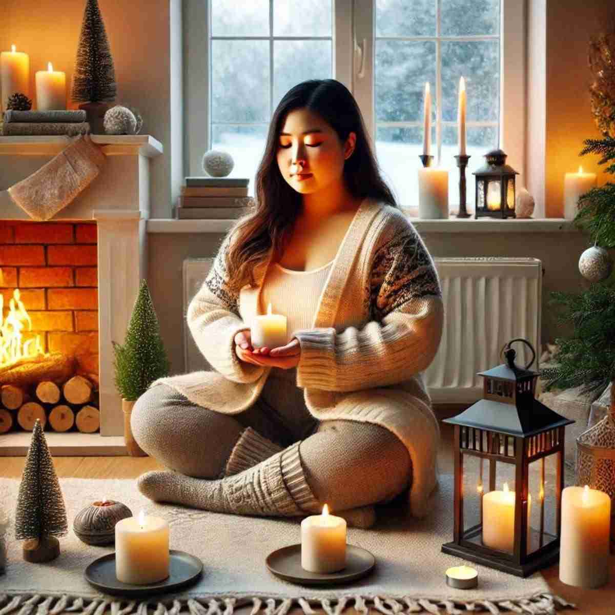 AI-image featuring an Asian woman practicing winter solstice rituals in a cozy indoor setting.