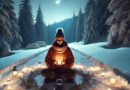AI-image of a single person practicing winter solstice rituals for wellness, capturing a peaceful and spiritual moment