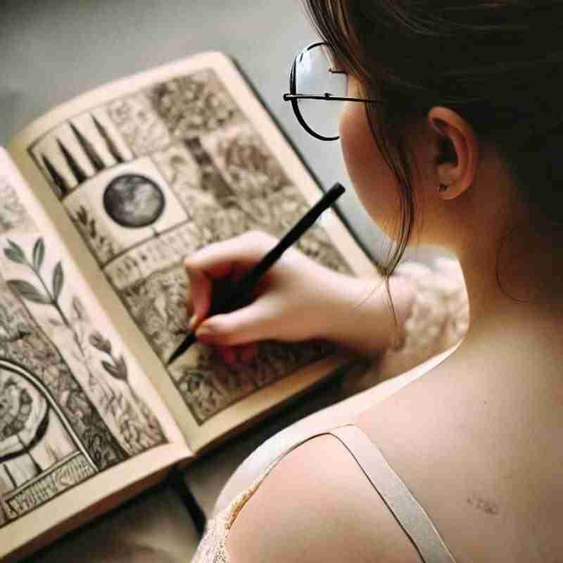 An AI generated image of a dark-haired woman with glasses drawing in an art journal.