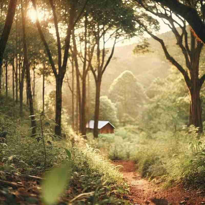 An AI generated image of a path through the woods leading to a house. This illustrates how nature is beneficial to healing from childhood trauma.