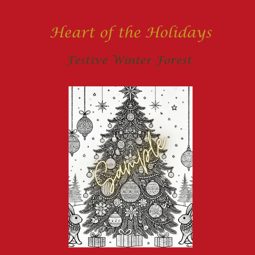 3 - Resilient Stories An image of our Festive Winter Forest Christmas coloring page featuring a giant decorated tree in a forest with little rabbits at the base.