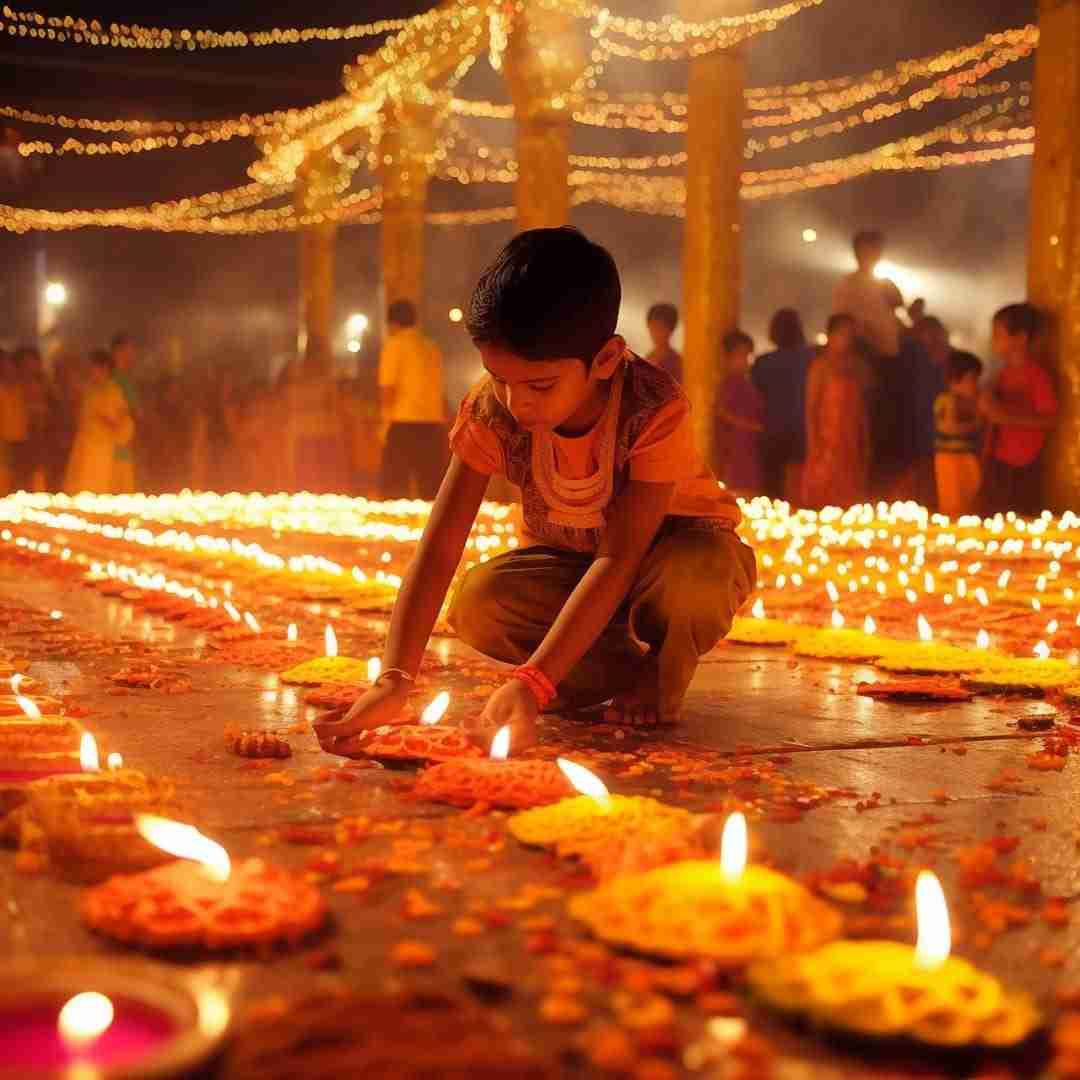 AI-image of a boy placing a diya amongst others during a Diwali celebration.