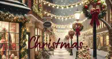 Evening snowy street decorated for Christmas. Perfect for these Christmas quotes!
