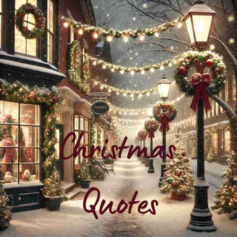Evening snowy street decorated for Christmas. Perfect for these Christmas quotes!