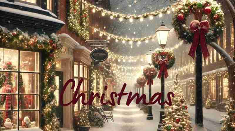 Evening snowy street decorated for Christmas. Perfect for these Christmas quotes!