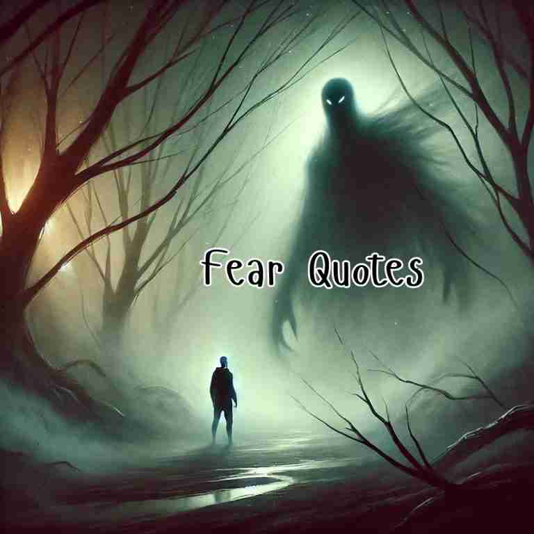 An AI generated image of a small figure walking along a narrow path through a dark forest, with a shadowy figure in the distance representing the fear mentioned in these fear quotes.