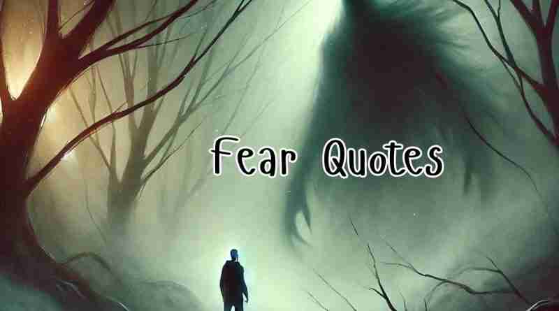 An AI generated image of a small figure walking along a narrow path through a dark forest, with a shadowy figure in the distance representing the fear mentioned in these fear quotes.