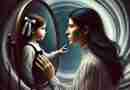 An AI generated image of a dark-haired woman looking into a mirror, seeing a young child version of herself. The swirling dark and light elements in the background represent the battle of healing from childhood trauma, with a serious and introspective tone.