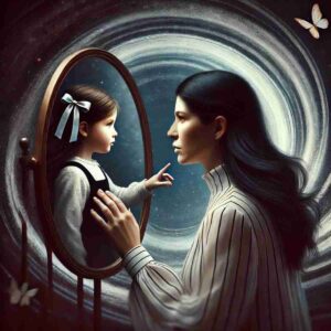 An AI generated image of a dark-haired woman looking into a mirror, seeing a young child version of herself. The swirling dark and light elements in the background represent the battle of healing from childhood trauma, with a serious and introspective tone.