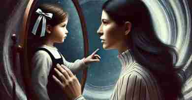 An AI generated image of a dark-haired woman looking into a mirror, seeing a young child version of herself. The swirling dark and light elements in the background represent the battle of healing from childhood trauma, with a serious and introspective tone.