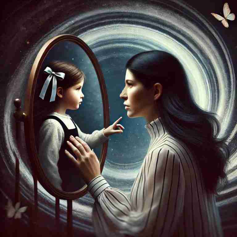 An AI generated image of a dark-haired woman looking into a mirror, seeing a young child version of herself. The swirling dark and light elements in the background represent the battle of healing from childhood trauma, with a serious and introspective tone.