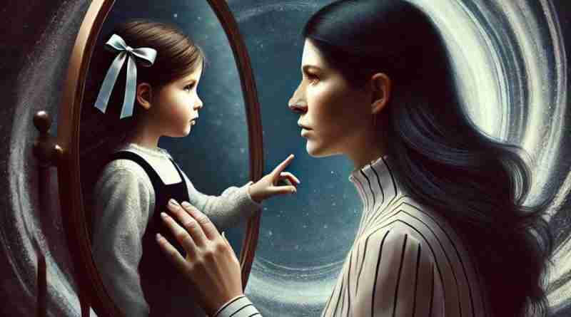 An AI generated image of a dark-haired woman looking into a mirror, seeing a young child version of herself. The swirling dark and light elements in the background represent the battle of healing from childhood trauma, with a serious and introspective tone.